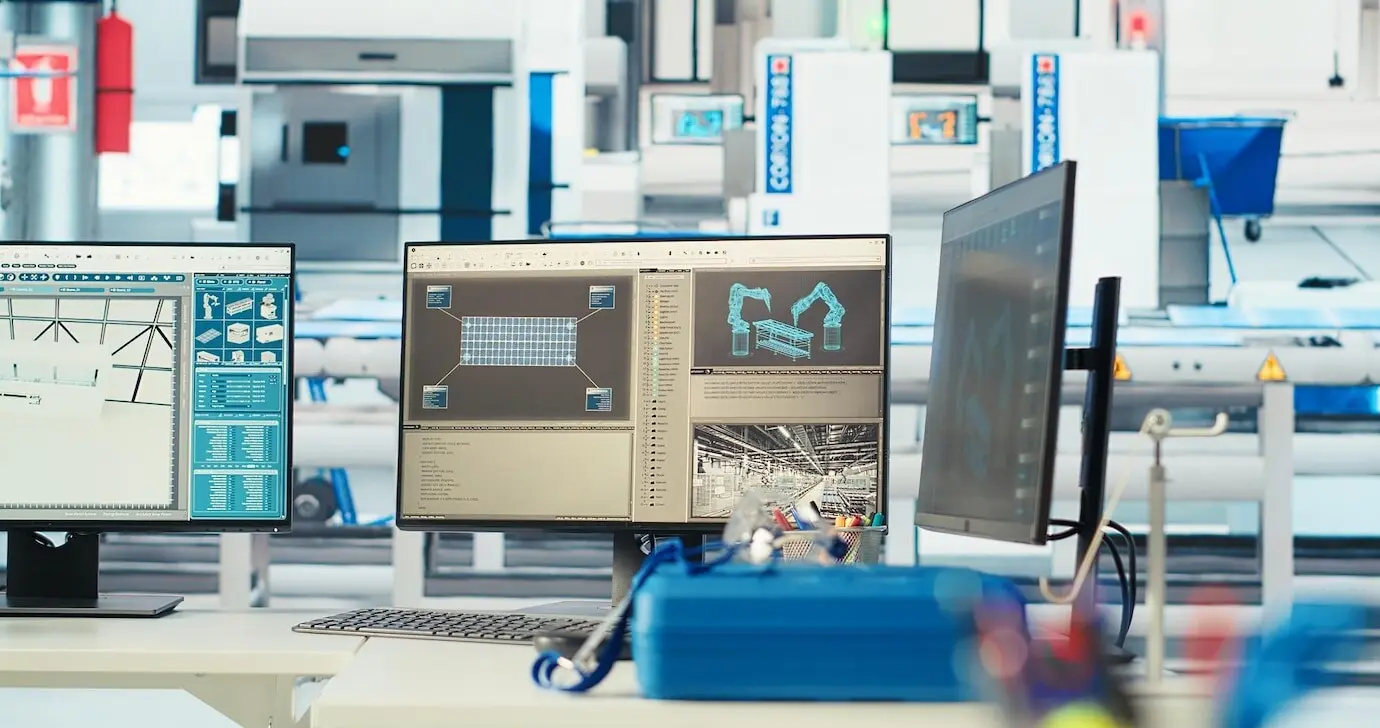 Simulationssoftware auf einem Computerbildschirm in einer leeren Solarmodulfabrik.