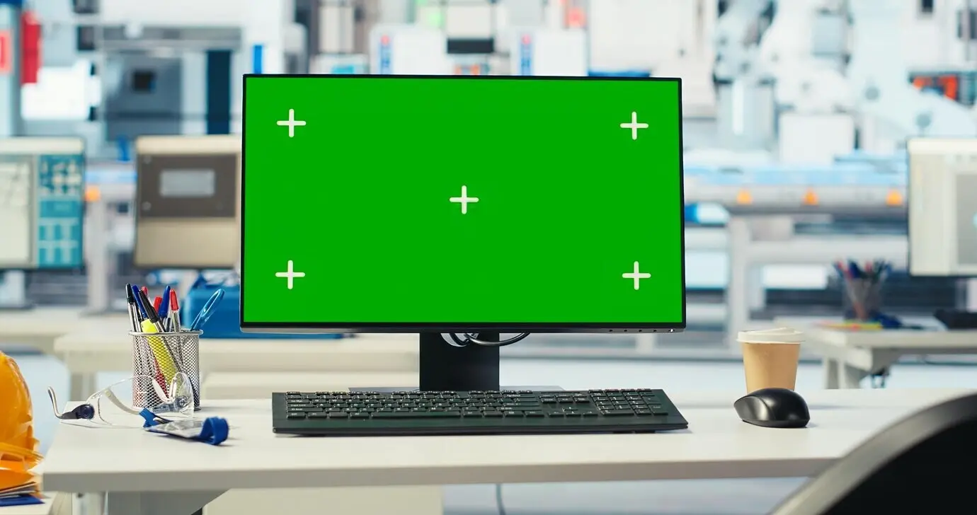 Separat stehender Bildschirm-PC in einer Photovoltaikfabrik, der zur Überwachung der Leistung von Roboterarmen in der Fertigung verwendet wird