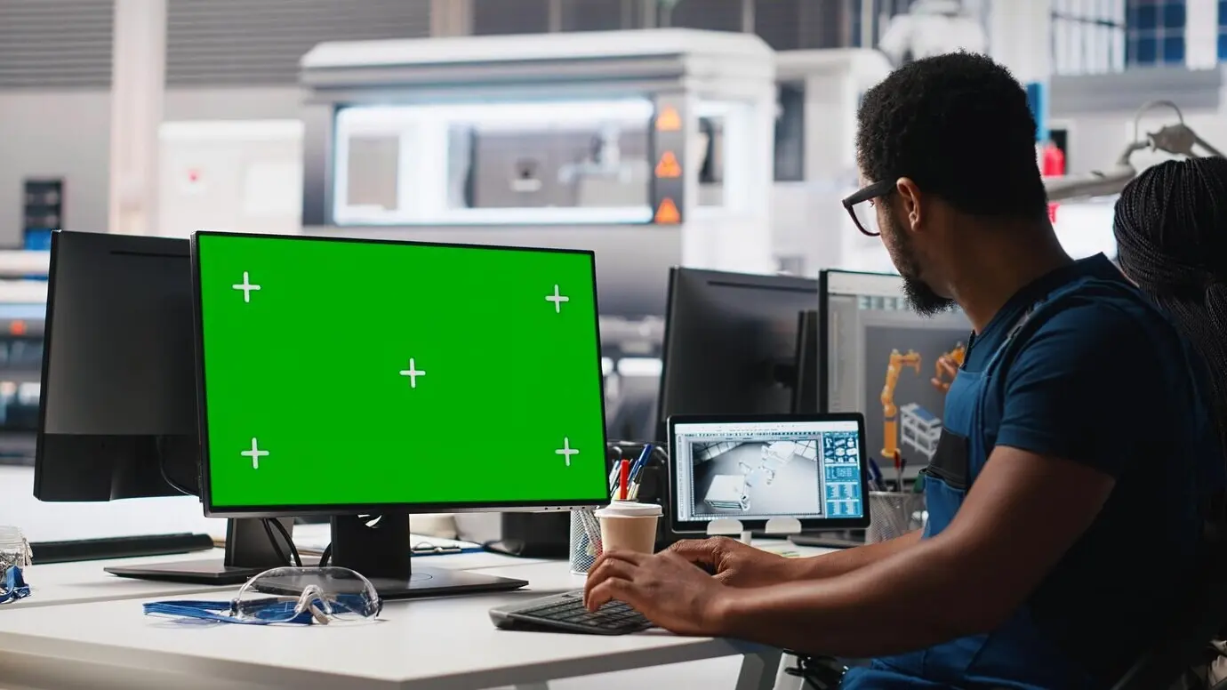 Afroamerikanischer männlicher Ingenieur führt eine Fehlerbehebung an einem Display mit Copy Space durch und behebt Fehler, um sicherzustellen