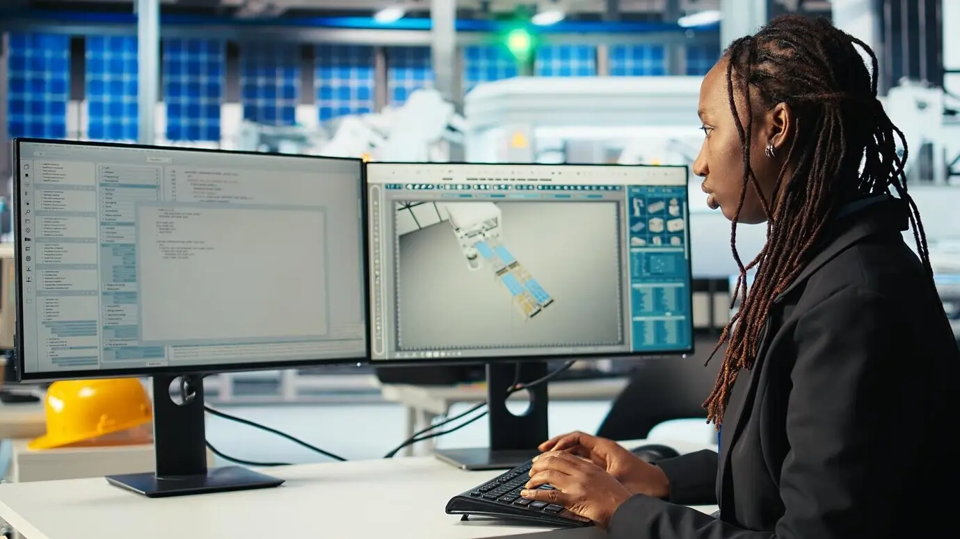 Eine Frau programmiert an einem Computertisch, schaut auf den Bildschirm und rüstet die Maschinen eines Solarkraftwerks auf.